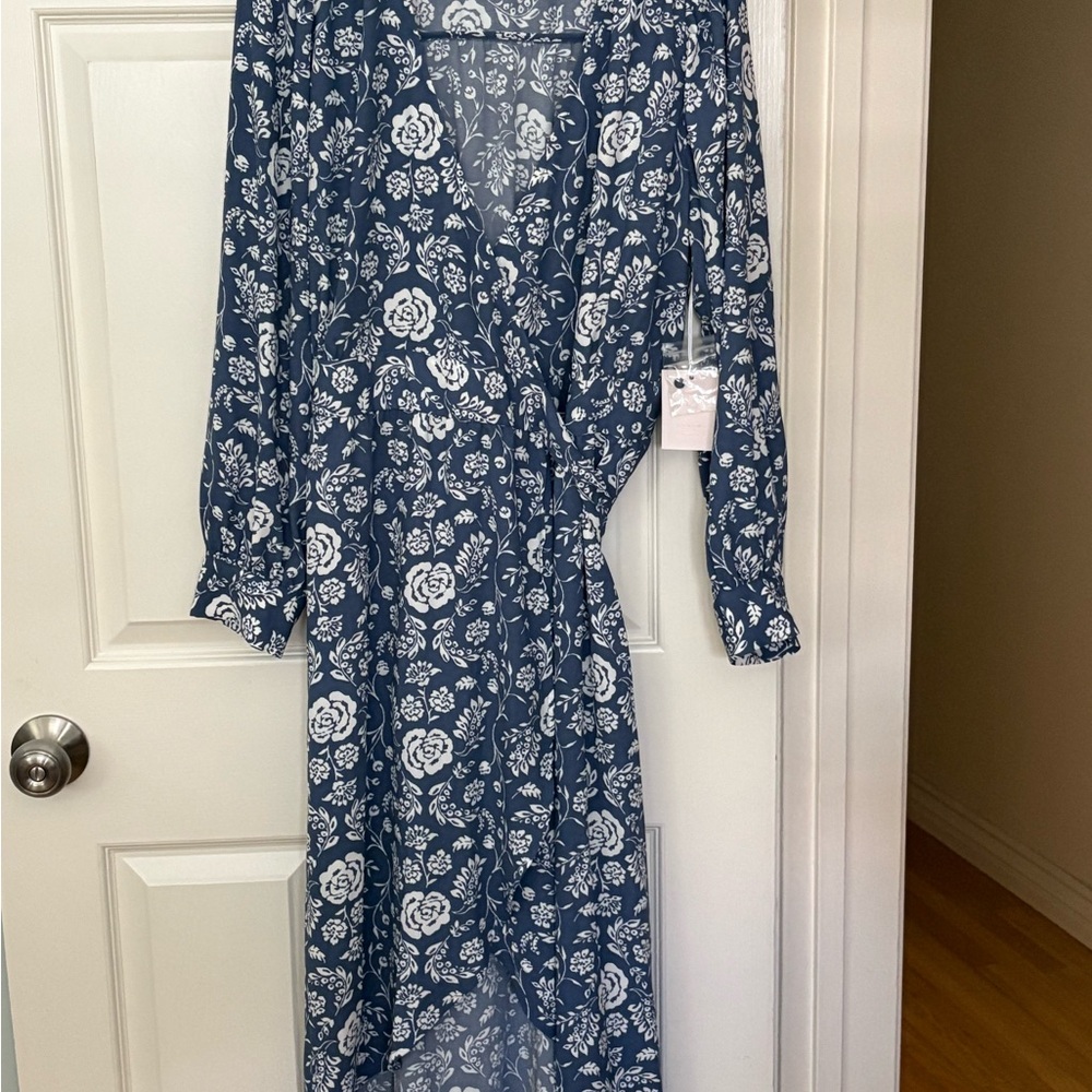 LC Lauren Conrad Blue and White Floral Long Sleeve Wrap Maxi Dress